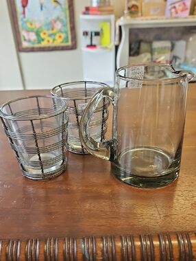 Vintage Smoked Gray Glass Pitcher with Two Metal Framed Tumblers